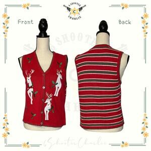 WESTBOUND Christmas Sweater Vest Size S Red Reindeers and Holly Button Down